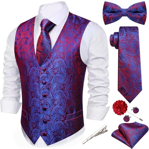 YOHOWA Blue Red Vest for Men Silk Tie Bowtie Set Paisley Waistcoat 8PCS