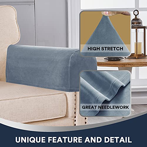 Sofa Armrest Covers Stretch Velvet Plush Arm Covers For Chairs And Sofas Anti-Slip Couch Armrest Covers With Sticker Furniture Armrest Protector For Sofa Couch Chair Recliner, Set Of 4, Stone Blue #TOP4