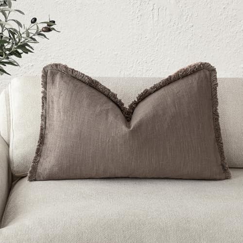 Image of Foindtower Decorative Linen Fringe Lumbar Throw Pillow Covers Cozy Boho Farmhouse Cushion Cover with Tassel Soft Accent Pillowcase for Sofa Bed Living Room Home Decor, 12x20 Inch,1PC,Light Coffee