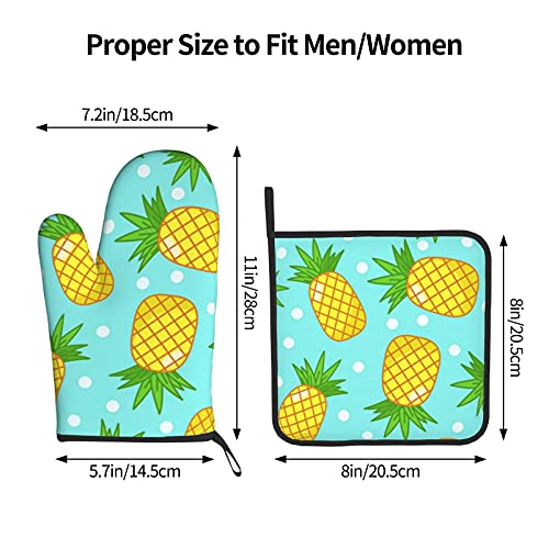 Pineapple Oven Mitts And Pot Holder Set Green Cute Kitchen Mitts Heat Resistant Grilling Gloves Non-Slip Hot Pad For Baking Cooking Microwave #TOP2