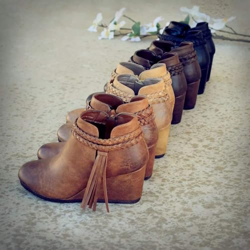 Image of Fashare Womens Wedge Ankle Boots Braided Fringe Strap Western Heeled Fall Booties Dress Shoes