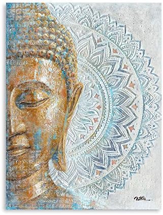 B BLINGBLING Gold Buddha Canvas Wall Art: Mandala Flower Blossom Buddha Painting Zen Print Picture on Blue for Yoga Meditation Room Bedroom Framed and Ready to Hang 12"x16"