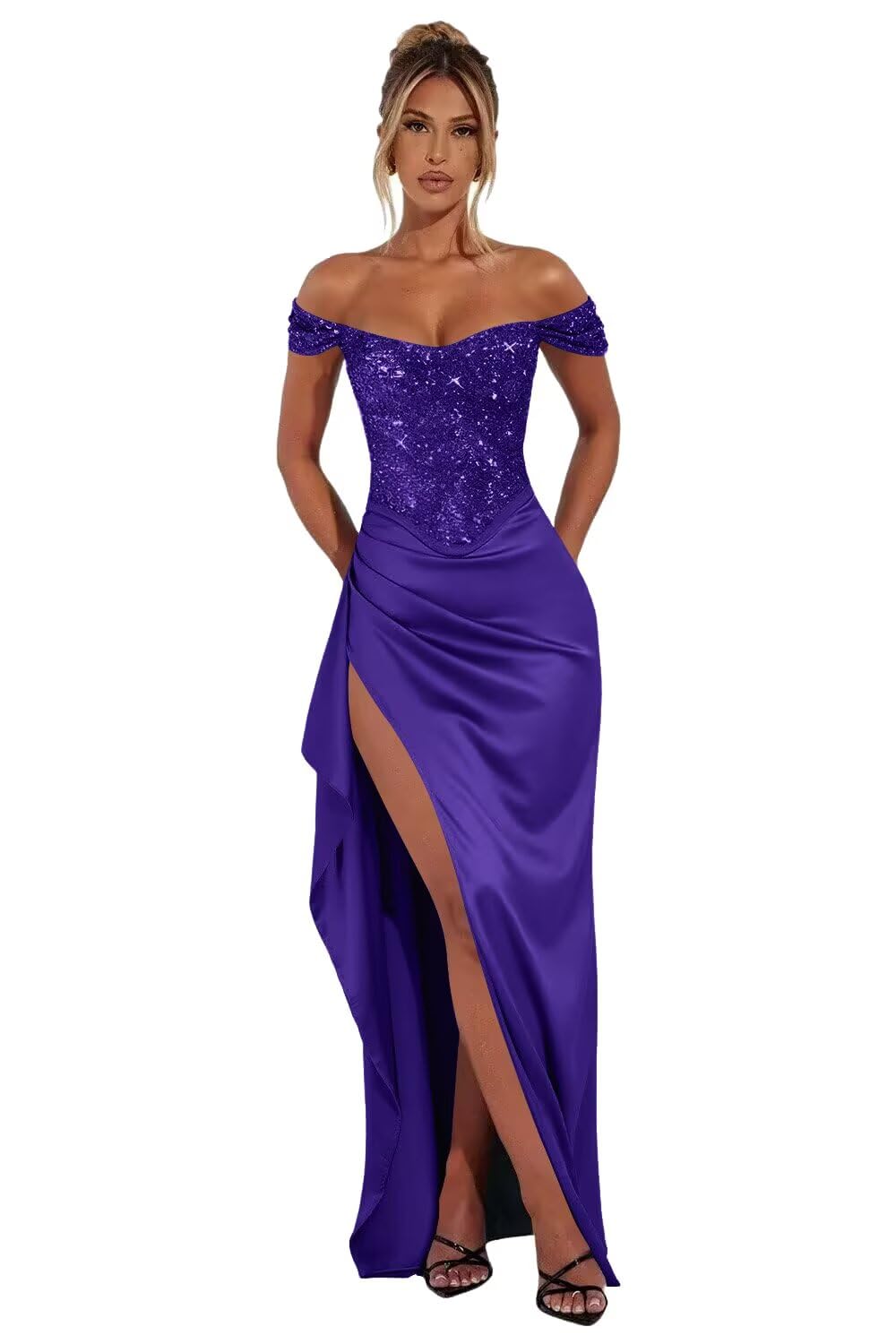 Sparkly Sequin Prom Dresses with Slit Off Shoulder Bodycon Long Mermaid Formal Evening Party Dress