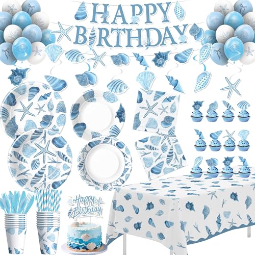 FVABO Ocean Seashell Birthday Decorations, Blue Sea Shell Party Supplies