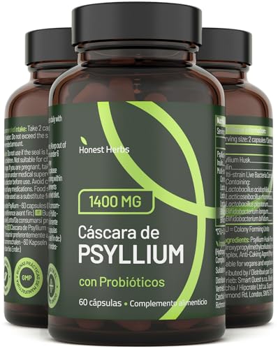 Cáscara de Psyllium con Probióticos - 99% Pureza - 60 Cápsulas - 1400 mg de Psyllium Husk y 60 Mil Millones de Probióticos para Digestión - Rico en Fibra - Plantago Ovata Psilio de Alta Concentración