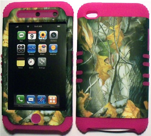Camo Mossy Oak on Pink Silicone Skin for Apple ipod Touch iTouch 4G 4 Hybrid 2 in 1 Rubber Cover Hard Case
