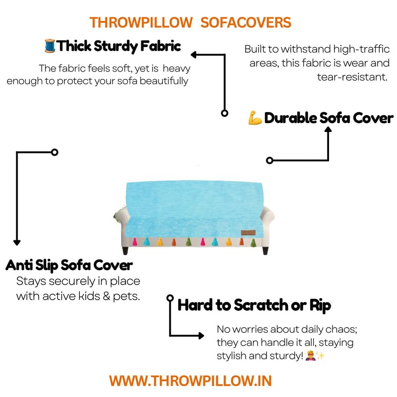 Image of Blue Sofa Cover Multicoloured Tassels:Corner Thick Fabric, Corner Sofa Seat & Back Cover, Designer:Fits 3+2 Seater+Corner Sofa, Coverage: Seat & Front Back -Set of 2 Seat Covers & 2 Back Covers
