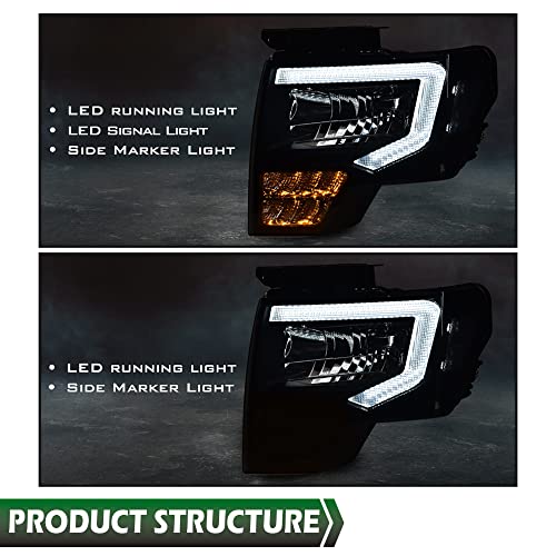 Image of GRAND ORANGE LED DRL Headlight Assembly, Compatible with Ford F150 2009-2014, Left Driver & Right Passenger Side 2PCS, Headlamps Smoke Lens Black Housing Clear Reflector, FO2503289 DL3Z13008EC