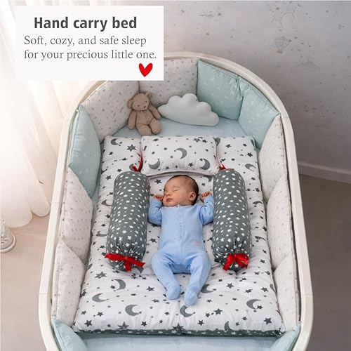 Image of Fareto Combo of Baby Nest | Net with Bed | Carry Bag | 4 Pcs Bedding Set(0-6 Months) (Fullset Nest) (Grey Moon)