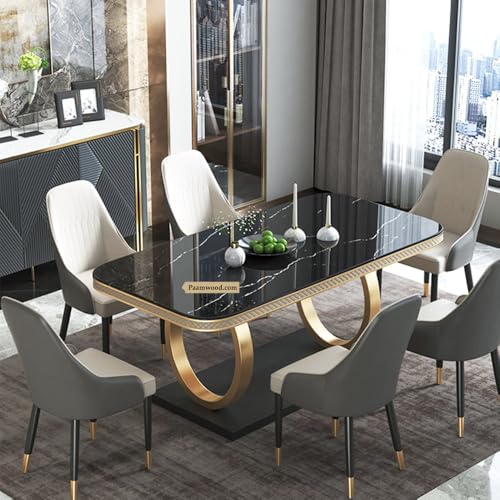Image of 6-Seater Dining Table with Nano Composite Marble Top and PVC Golden Wooden Base |2yr Warranty - Includes 6 Fabric Upholstered Chairs (Grey&Cream)