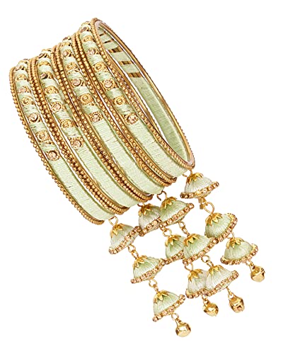 Image of NMII Metal & Silk Thread Jhumka Zircon Latkan Stylish Bangles Set For Women's and Girls | Women's Fancy Latkan Bangles Set | Ethnic Fashion Jewellery- Set of 12 Bangle, (G405 Pista-2.8(2.8))