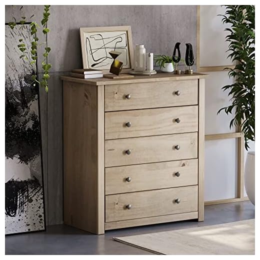 Vida Designs Panama 5 Drawer Chest Solid Pine Wood Waxed Oak Finish