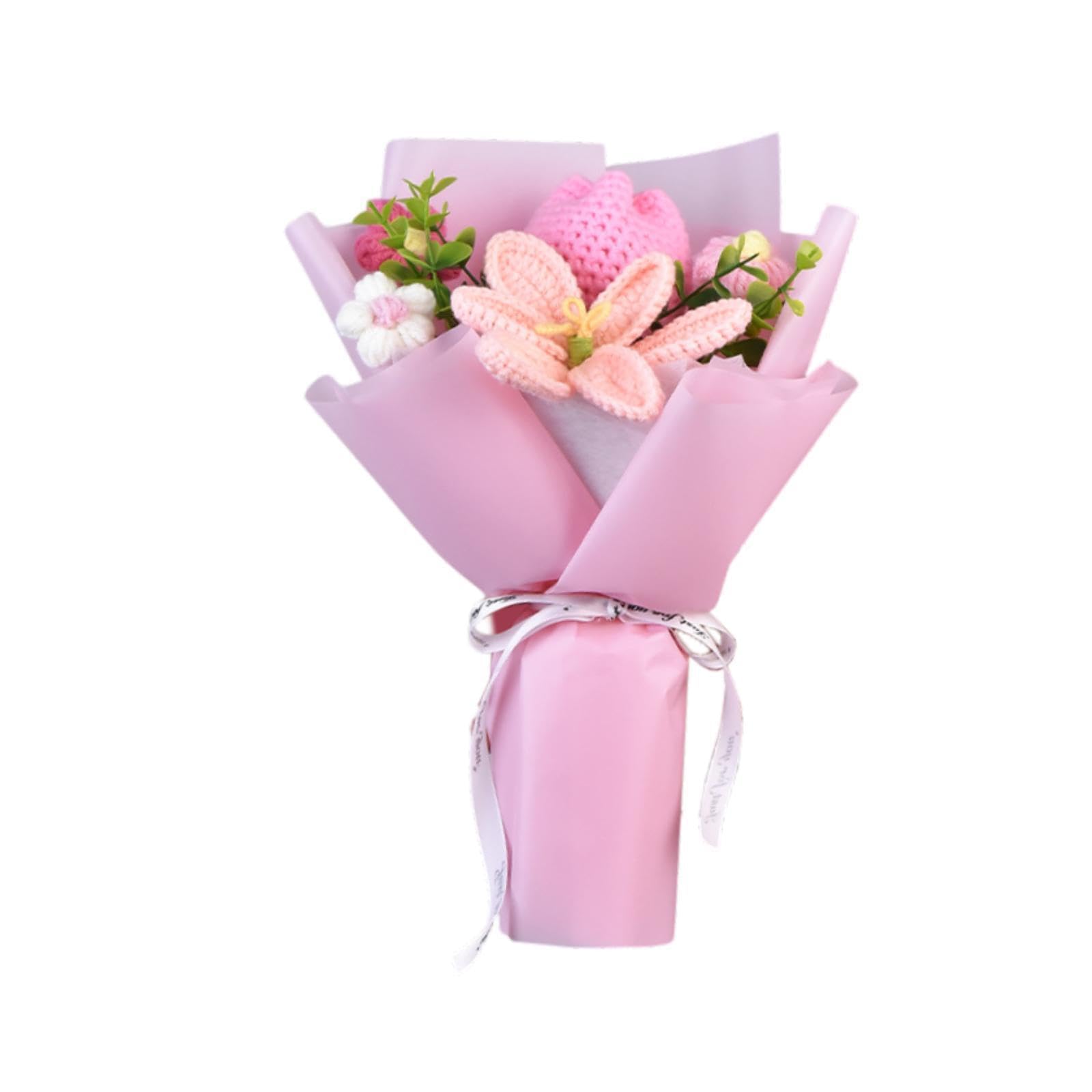 PIXZCSA Handmade Crochet Flower Bouquet Decor For Wedding Parties Or Birthdays Artificial Flower Ornament Is Vivid And Pretty, Pink