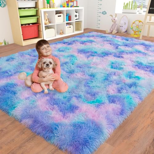 Image of Dssimo Cute Furry Purple Rainbow Rugs for Bedroom Girls Room Decor