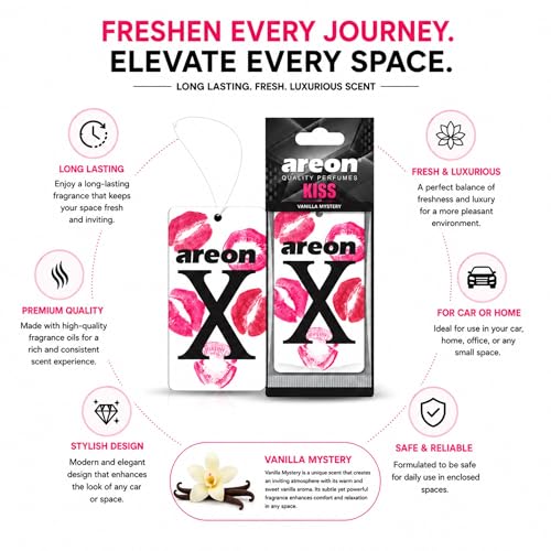 Image of AREON X Kiss Hanging Air Freshener - Vanilla Mystery Long Lasting Hanging Fragrance for Car Interior - Stylish Hanging Scent Freshener - Premium Aroma Experience with Easy to Use Design (Pack of 3)