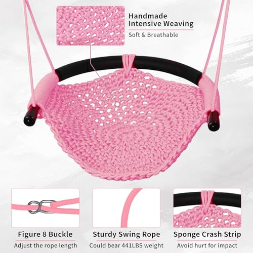 Image of Hi-Na Tree Swing for Kids, Adjustable Toddler Rope Swing Seat with Snap Hooks and Straps, 440 lbs Capacity, Swingset Accessories for Indoor Porch Doorway Outdoor Playground Backyard (Pink)