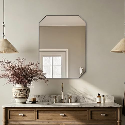 Image of ANDY STAR Brushed Nickel Octagon Bathroom Mirror, 24x32 Inch Stainless Steel Metal Frame, Anti-Rust, Shatterproof HD Glass, Wall Mounted for Bathroom, Bedroom, Living Room