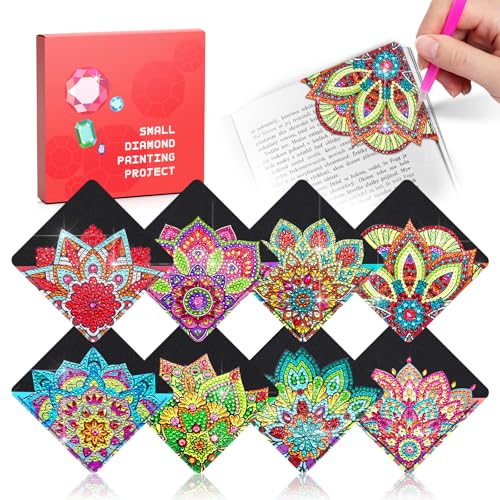8 PC Diamond Art Corner Bookmarks Leather Bookmark Kit for Adults Paint by Dots Bookmarkers Craft DIY Gem Small Dotz Gifts for Mom Christmas Gifts for Women Mandala Flower Black Lotus