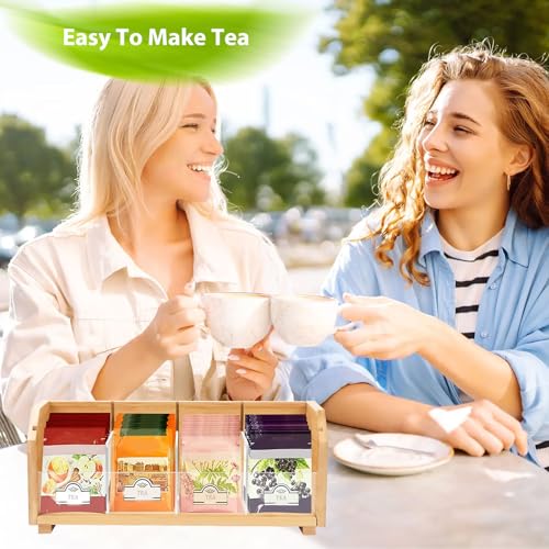 Qivine Bamboo Tea Bag Storage Organizer, Wooden Tea Box Drawer Storage Holder with 4 Compartments, Tea Bag Organiser, Divided Chest Countertop Box for Sugar Packet, Sweeteners - Image 4