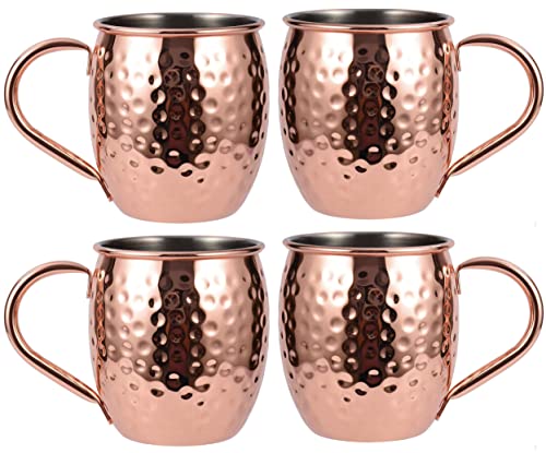 Moscow Mule Mugs Set Of 4, Hammered Copper Moscow Mule Mug | Stainless Steel Lining, Copper Plating Cups With Gold Brass Handles Moscow Mule Copper Mug #TOP3