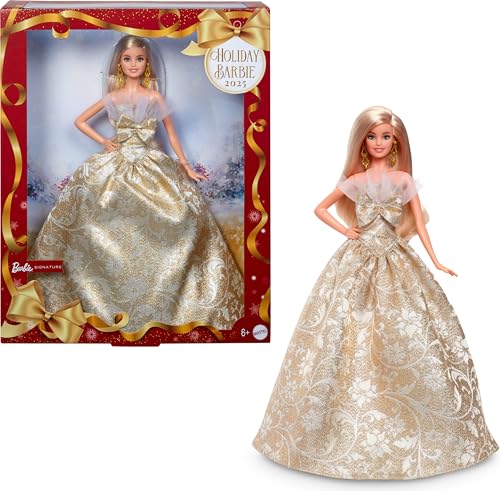 Barbie Holiday Barbie Blonde Signature BLACK Dress-up Doll & House Pretend Play For Ages 6 and Up Gold JBH95