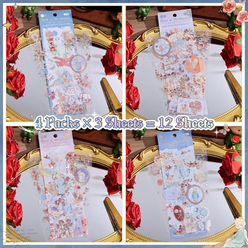 Image of 12 PCS Flowers Rose Themed Sticker, Decals for Scrapbook Supplies Bullet Junk Journal Bottles Planner Laptops DIY Scrapbooks Journals Phone Case Decoration Gifts Rewards