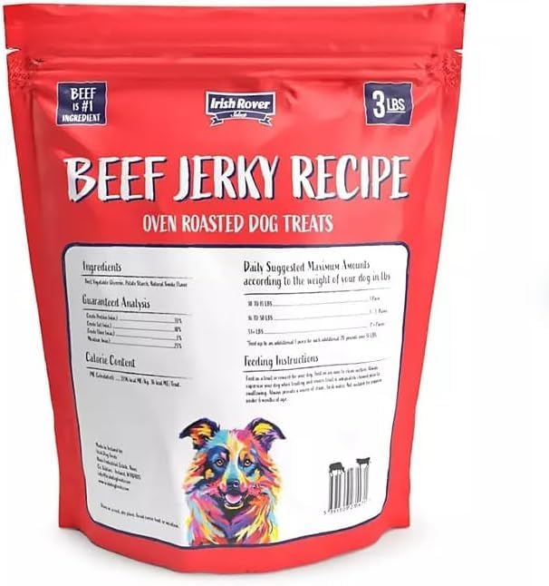 (1 Bag) Irish Rover Brisket Jerky, Oven Roasted Dog Treats, Net Weight, 3 lbs (1.36 kg) - Beef as The #1 Ingredient, No Added Corn Wheat or Soy, and No Artificial Flavors, preservatives,