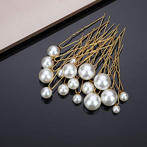 20Pcs Bridal Wedding Pearl Hair Pins Clips Gold Through Barrette Silver U Shape Rhinestone Hair Décor Accessories for Bridesmaids Women Girls with Clear Storage Gift Box Set