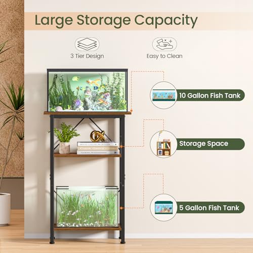 Image of Snughome 5-10 Gallon Aquarium Stand, 3 Tier Fish Tank Stand with Storage, Fish Tank Stand with Metal Frame, Reptile Turtle Tank Stand for Home Office, 20.47 inch x 11.02 inch x 30.52 inch, Rustic Brown