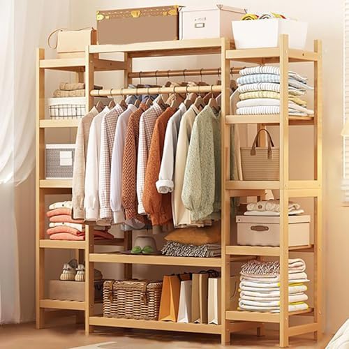GHJUMKFDF Perchero de bambú con 3 estantes de almacenamiento, soporte de bambú con postes de doble fila para colgar ropa, perchero de madera con 10 compartimentos de almacenamiento, rieles colgantes
