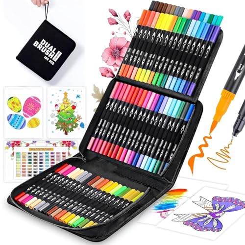 Image of Dual Tip Brush Pens Set with Carry Case | Water-Based No-Bleed Sketch Markers with Brush & Fine Tip | Calligraphy, Coloring, Drawing & Bullet Journaling Art Markers for Kids & Adults (100)