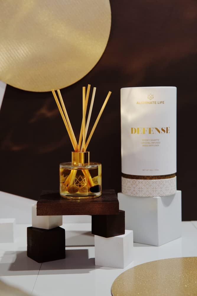 Crystal Infused Reed Diffuser, 4 OZ, Defense - Smoky Quartz Crystal Infused - Scents of Frankincense, Neroli, & Sage - Home Decor, House Warming, Room, Stick Perfume, Coffee Table