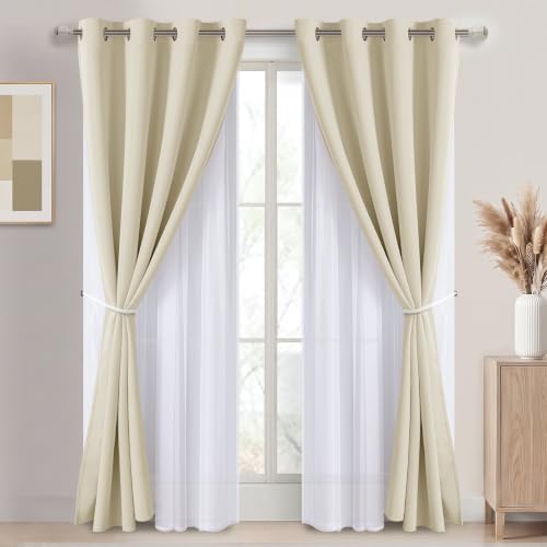Image of DWCN Blackout Curtains with Sheer Overlay 84 Inch Long, Light Beige, 2PCS | Mix & Match Double Layer Window Panels for Bedroom Living Room Drape, Grommet Top, 52 inch Wx84 inch L