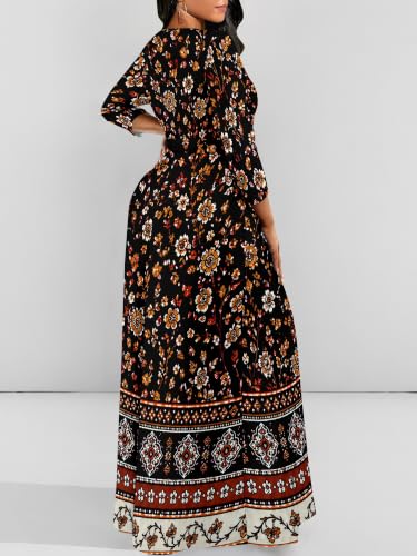 Image of Women Plus Size Long Sleeve V Neck Maxi Dress with Belt | Soft fabric relaxed fit three quarter sleeve v neck with pockets for party and daily wear