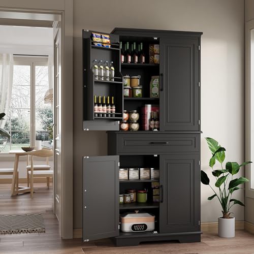 Kselythan 72in Tall Cabinet with Drawer, 6 Doors and Adjustable Shelves, Large Kitchen Pantry Storage Cabinet for Dining Room, Living Room, Black