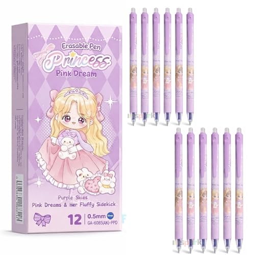 Image of Alokik 12 Pcs Princess Erasable Gel Pen Set 0.5mm Fine Point - Cute Pink Dream Cartoon Pens with Eraser Tip, Smooth Writing Retractable Gel Pens for Kids Girls School Office Supplies Stationery
