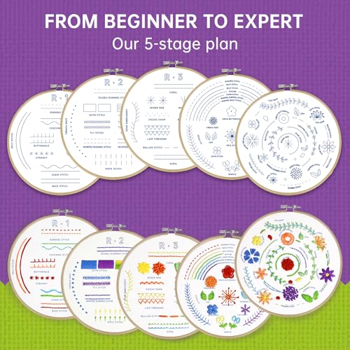 Image of CYANFOUR 5 Stage Starter Embroidery Kit for Beginners Adults and Teens, Easy to Learn 33 Different Stitches from Video & Instruction, Needlepoint Kits for Adults with Stamped Embroidery Patterns.