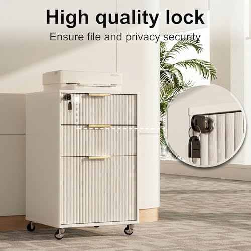 Image of 3 Drawers Fluted Mobile File Cabinet with Lock, Rolling File Cabinet Printer Stand Table, Under Desk Wooden Filing Cabinets for Home Office Essentials Storage Organization Furniture Letters /A4(White)