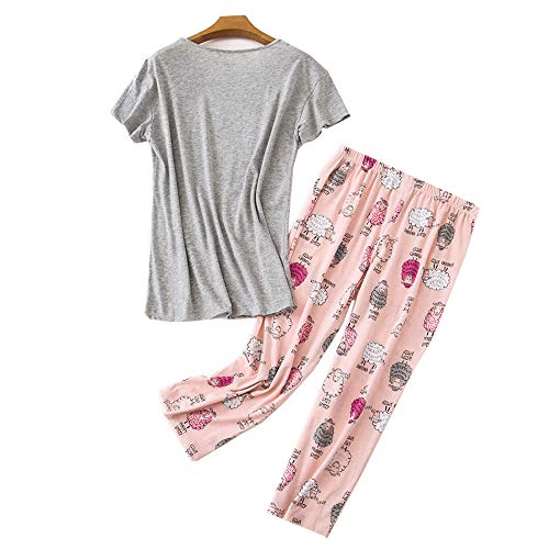 Image of Women Plus Size Pajama Sets Summer Cotton Sleepwear Tops with Capri Pants Pj Sets Fun Prints Pajama Sets