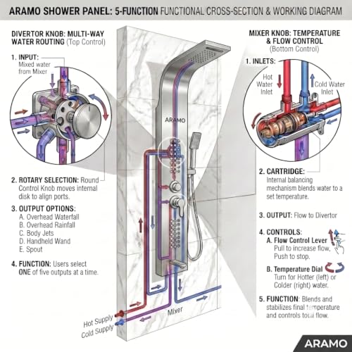 Image of ARAMO Shower Panel - Wave with Waterfall Shower, Massage Jet, 5 Water Functions (Chrome)