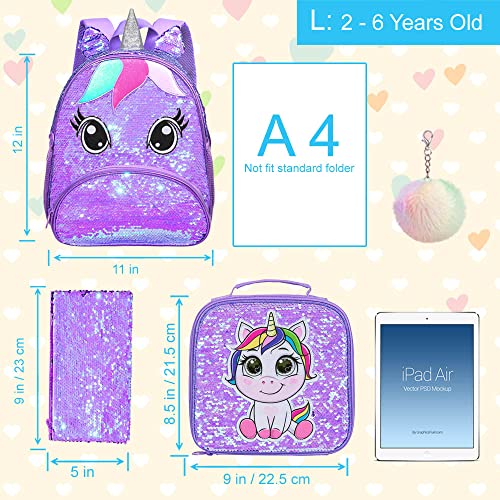 3Pcs Toddler Backpack For Girls, 12" Unicorn Sequin Preschool Bookbag And Lunch Box - Purple #TOP3