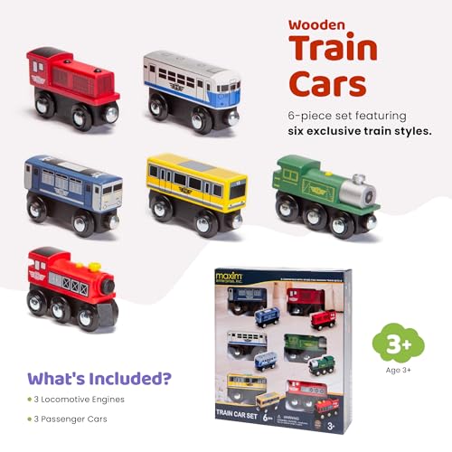 Maxim Enterprise 6-Piece Wooden Train Car Set &ndash; Classic Rolling Locomotive/Train Engines Compatible with Thomas Wooden Railway, Brio & Other Major Brand Wooden Trains