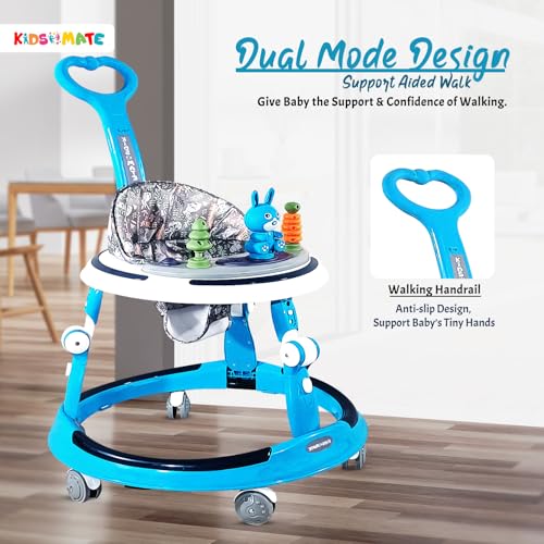 Image of Kidsmate 360 Baby Walker for Boys & Girls | 6-24 Months | 7-Level Height Adjustment | Musical RGB Lights | Dual Tray for Food & Toys | Safe, BPA-Free & Comfortable Baby Walker (Radiant Blue)