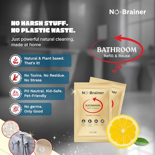 Image of NO BRAINER Bathroom Cleaner Powder to Liquid | Natural Plant‑Based, Non -Toxic | Citrus Fresh for Tiles, Taps |No Bleach, No Residue | Kid & Pet Safe | No Plastic Waste (10 Pouch for 5 Litres)