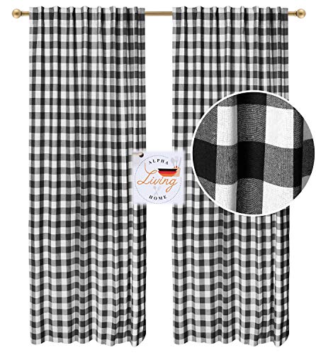 Alpha Living Home Farmhouse Cotton Black And White Buffalo Gingham Check Window Curtains, 50" X 72" 2 Pack Gingham Check Curtain - Black White Bedroom Curtain 72 Inches, Check Tab Top Curtains #TOP4
