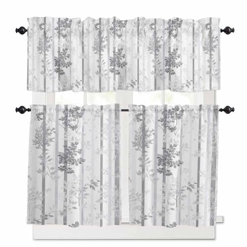 Grey Forest Striped Kitchen Curtains 24 Inch Length, 3 Piece Rod Pocket Small Half Tiers and Valance Set, Gray Ombre Tree Branches Small Large Window Treatment Decor for Bedroom/Bathroom Sink