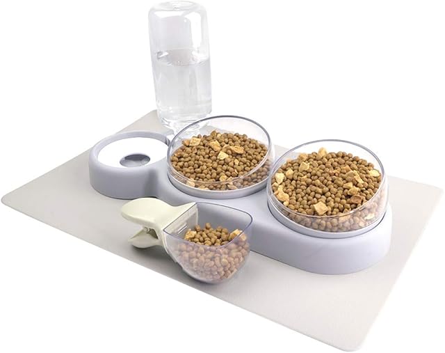 Cat Bowls, NATRUTH Gravity Water and Double Food Bowls, Triple Bowls with a Bowl Mat and a Spoon, Cat Wet and Dry Food Feeding Bowl Set , Pet food Bowls for Cats and Small Dogs (Grey)