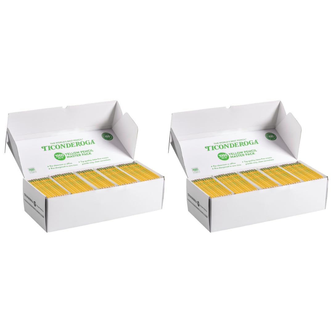Ticonderoga Wood-Cased Pencils, Pre-Sharpened, 1000/Box, 2 Boxes | 2 HB Soft, Yellow, 2000 Pencils Total, X13100