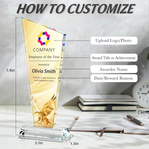 Image of Custom Crystal Trophy Award Personalized Plaque Award with Text Logo Photo Awards Trophies for Employee Recognition Team Graduation Personalized Office Gifts for Boss Coworker Teacher