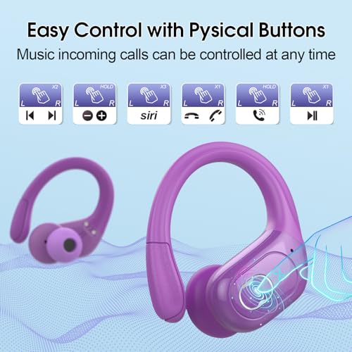Aptkdoe 2 Sets Wireless Earbuds Sport, Bluetooth 5.4 Over Ear Buds Stereo Deep Bass Over Ear Bud with Earhooks, 75H Wireless Earphones with Mic, IPX7 Waterproof Earphone for Sports Black+Purple - image 7